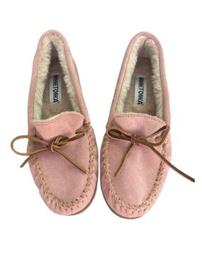 Minnetonka Pink Suede Moccasins with Faux Fur Lining